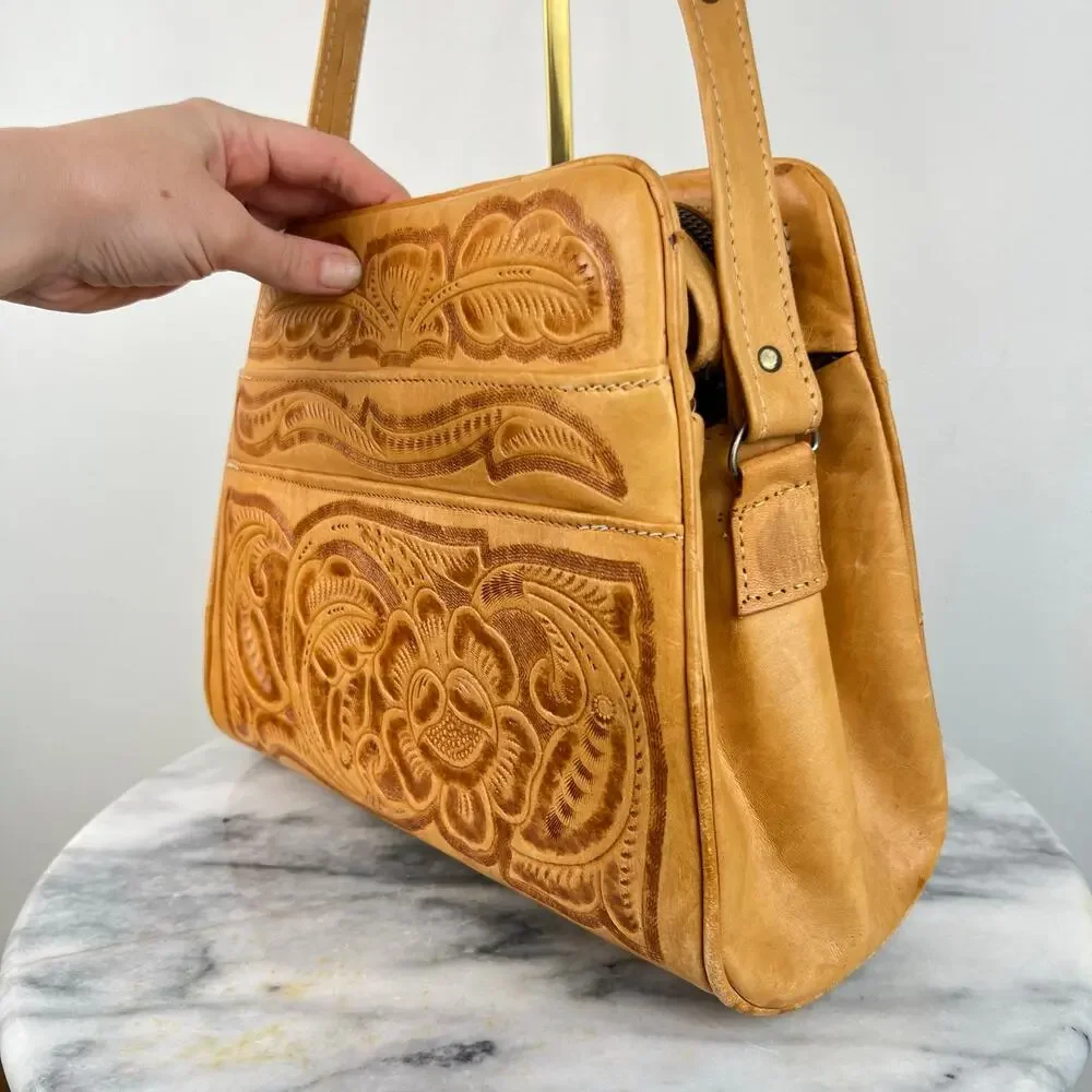 Vintage Tooled Embossed Floral Leather Western Style Shoulder Purse Bag